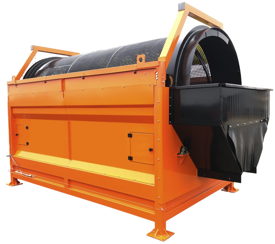 Trommel Ø 180 cm DMB Machine, vue d'ensemble Trommel Ø 180 cm de DMB Machine, vue trois quarts : tambour rotatif perforé, châssis orange et goulotte d'évacuation