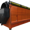Trommel Ø 200 cm x 7 m DMB Machine : vue d'ensemble 3/4 du tamis rotatif orange, ouverture du tambour et brosses de nettoyage