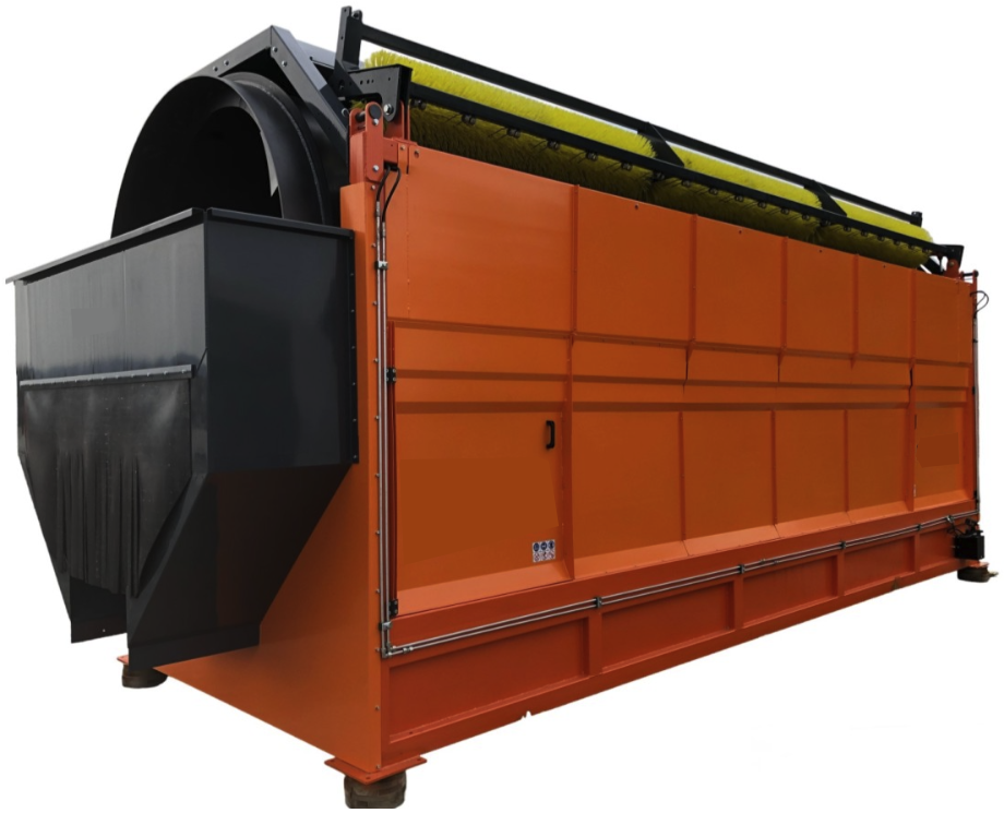 Trommel Ø 200 cm x 7 m - DMB Machine Trommel Ø 200 cm x 7 m DMB Machine : vue d'ensemble 3/4 du tamis rotatif orange, ouverture du tambour et brosses de nettoyage