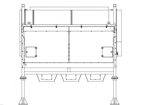 Trommel Ø 180 cm – dessin technique de face Dessin technique de face du trommel Ø 180 cm DMB Machine : caisson sur pieds et trois trémies de récupération des fines sous le tambour