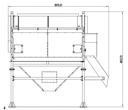 Trommel Ø 180 cm – plan technique coté | DMB Machine Dessin technique coté du trommel Ø 180 cm DMB Machine, vue de face : carter du tambour, châssis sur pieds et goulotte de sortie des fines