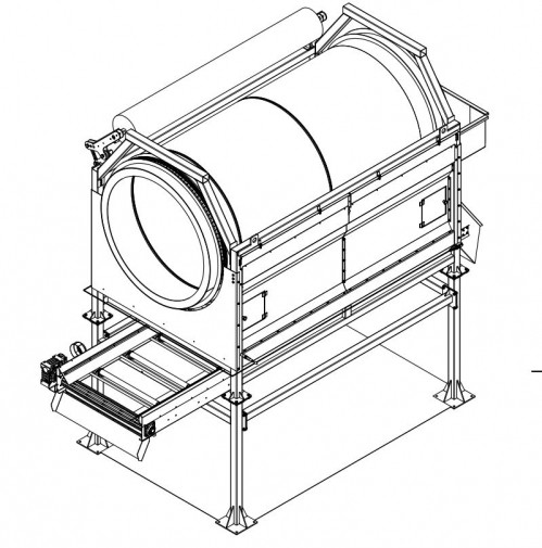 Trommel Ø 180 cm DMB Machine, plan technique 3D Dessin technique 3D du trommel Ø 180 cm de DMB Machine : tambour rotatif sur châssis avec goulotte d'évacuation des fines