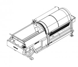 Schéma technique trommel Ø 180 cm – DMB Machine Dessin technique CAO du trommel Ø 180 cm de DMB Machine, vue 3/4 : tambour rotatif, trémie d'alimentation et châssis