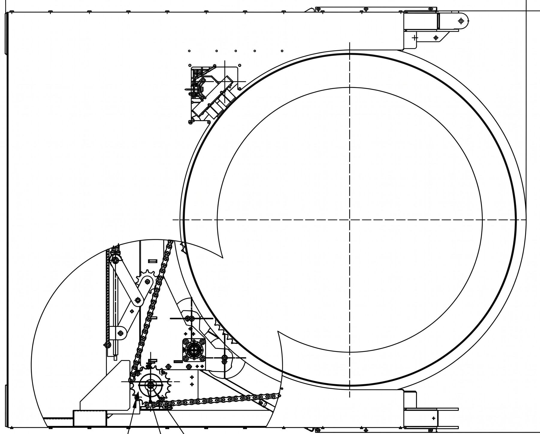 Plan technique trommel Ø 200 cm x 7 m Plan technique coté du trommel Ø 200 cm x 7 m DMB Machine : coupe du tambour cylindrique et entraînement par chaîne et pignons