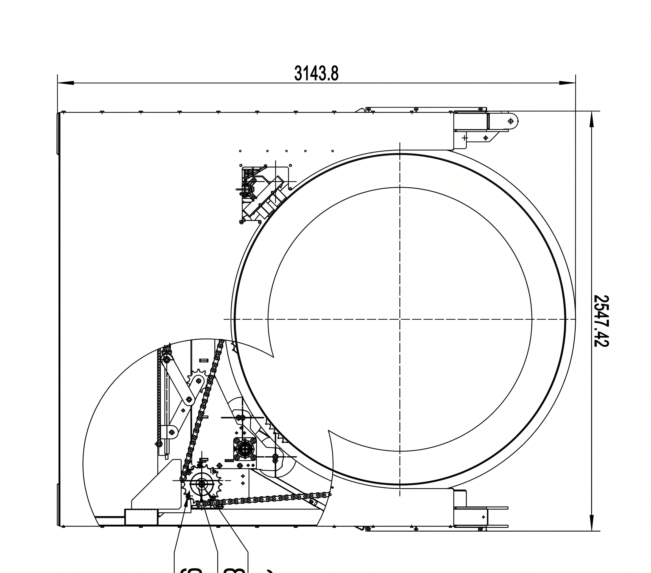 Trommel Ø 200 cm x 7 m – schéma technique coté DMB Machine Dessin technique coté du trommel Ø 200 cm x 7 m DMB Machine : vue en coupe du tambour cylindrique et du groupe d'entraînement à chaîne et pignons