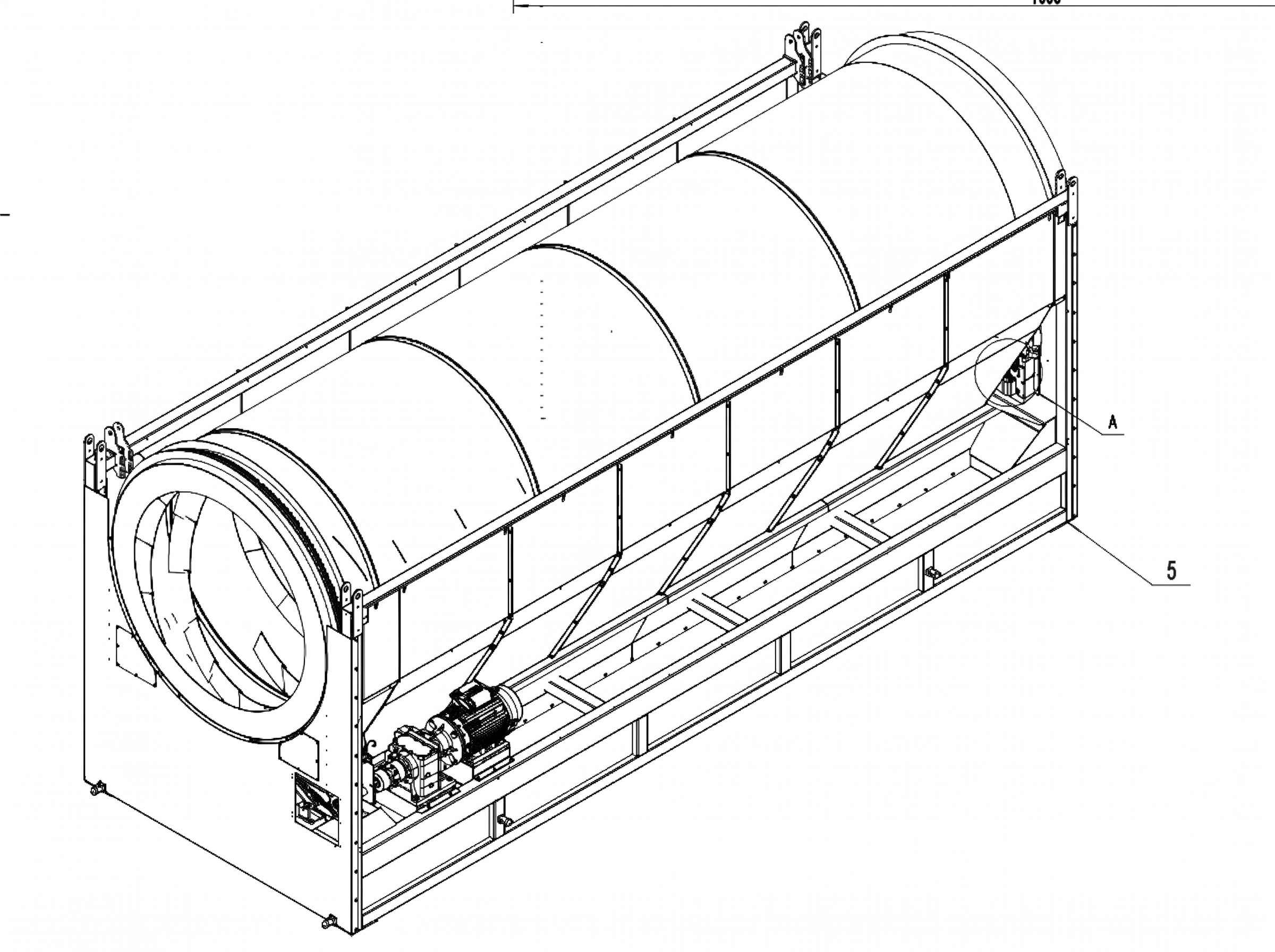 Trommel Ø 200 cm x 7 m — schéma technique coté Dessin technique 3/4 du trommel Ø 200 cm x 7 m DMB Machine : tambour cylindrique perforé, châssis et motoréducteur d'entraînement