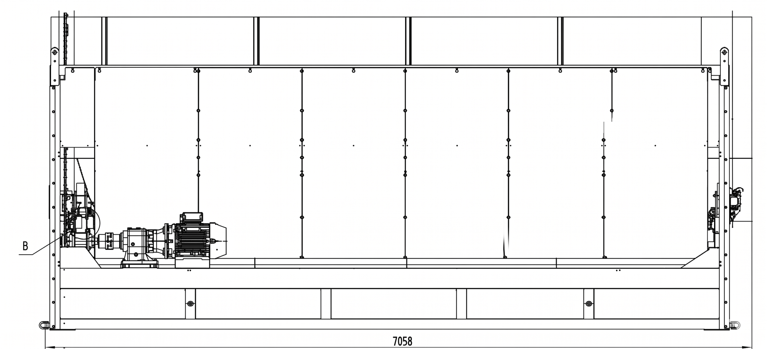 Plan coté trommel Ø 200 cm x 7 m – DMB Machine Plan technique coté du trommel Ø 200 cm x 7 m DMB Machine, vue de côté avec châssis, moteur, réducteur et longueur hors-tout 7058 mm