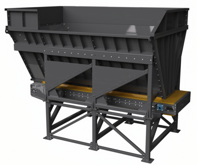 Trémie réservoir d'agrégat DMB Machine, vue d'ensemble 3/4 : grande cuve sur châssis avec tapis extracteur en fond, capacité 4 à 10 m³